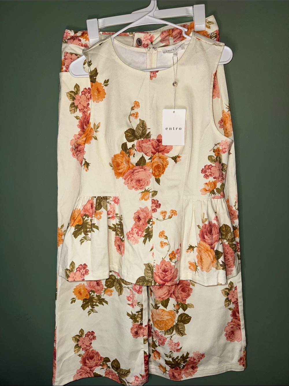 Entro Viviana Cream Floral Denim Matching Set Wide Leg Peplum Large - Picture 3 of 12